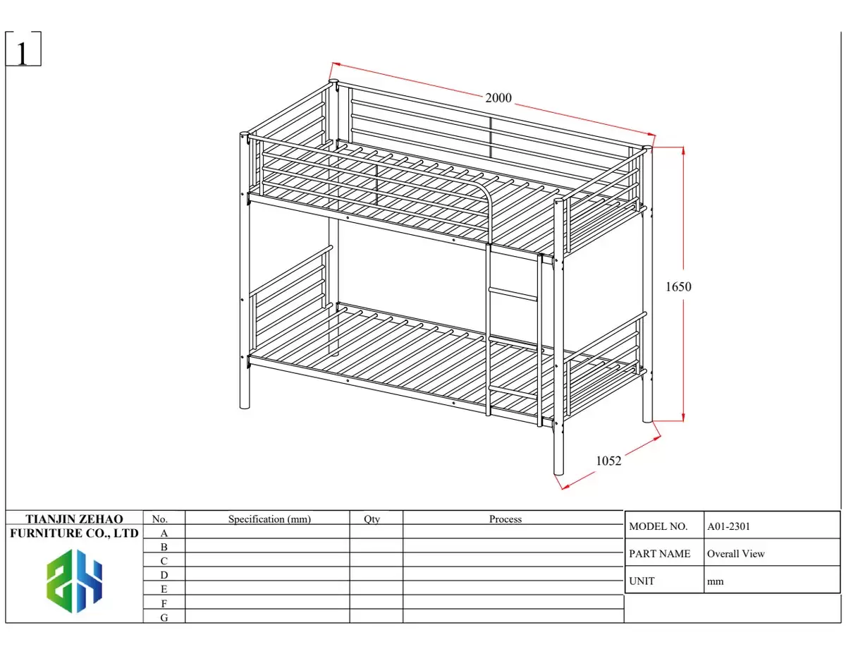 A01-2301 steel bunk bed general arrangement drawing, 2000 x 1052 x 1650 mm, Tianjin Zehao Furniture