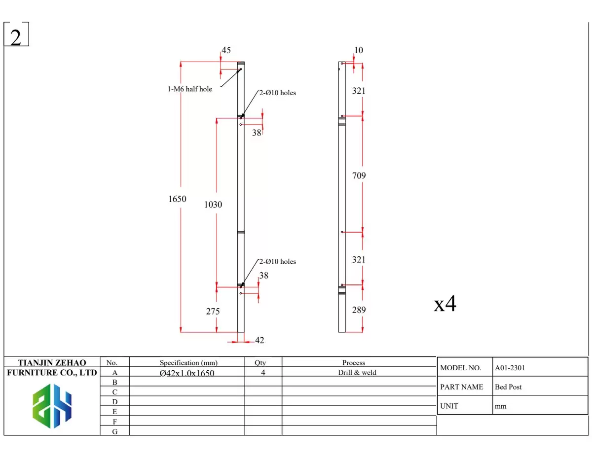 Engineering drawing of bunk bed post, Ø42 x 1.0 mm steel tube with dimensioned hole positions