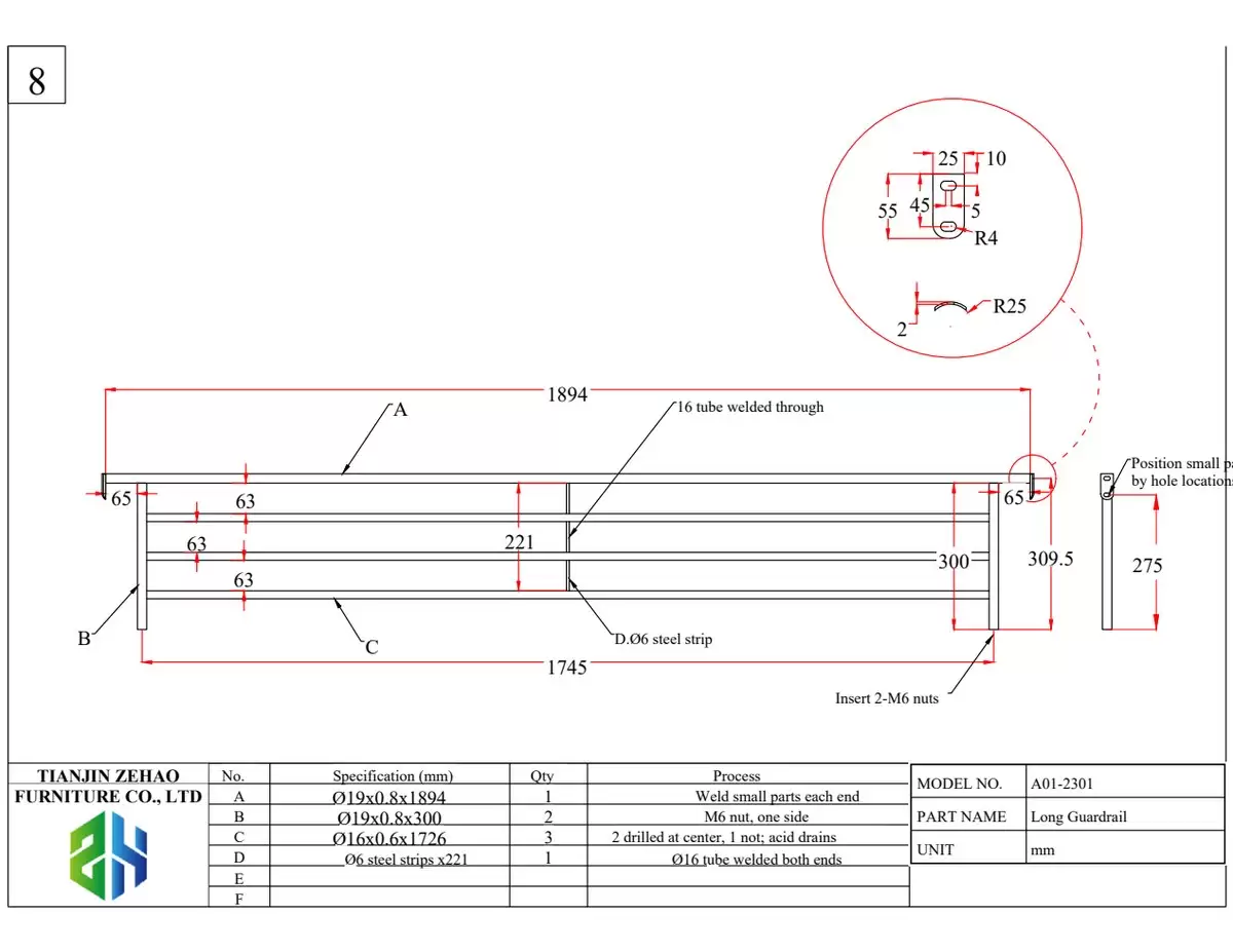 Long guardrail component drawing with M6 nut insertion and acid drain holes, R25 bend radius