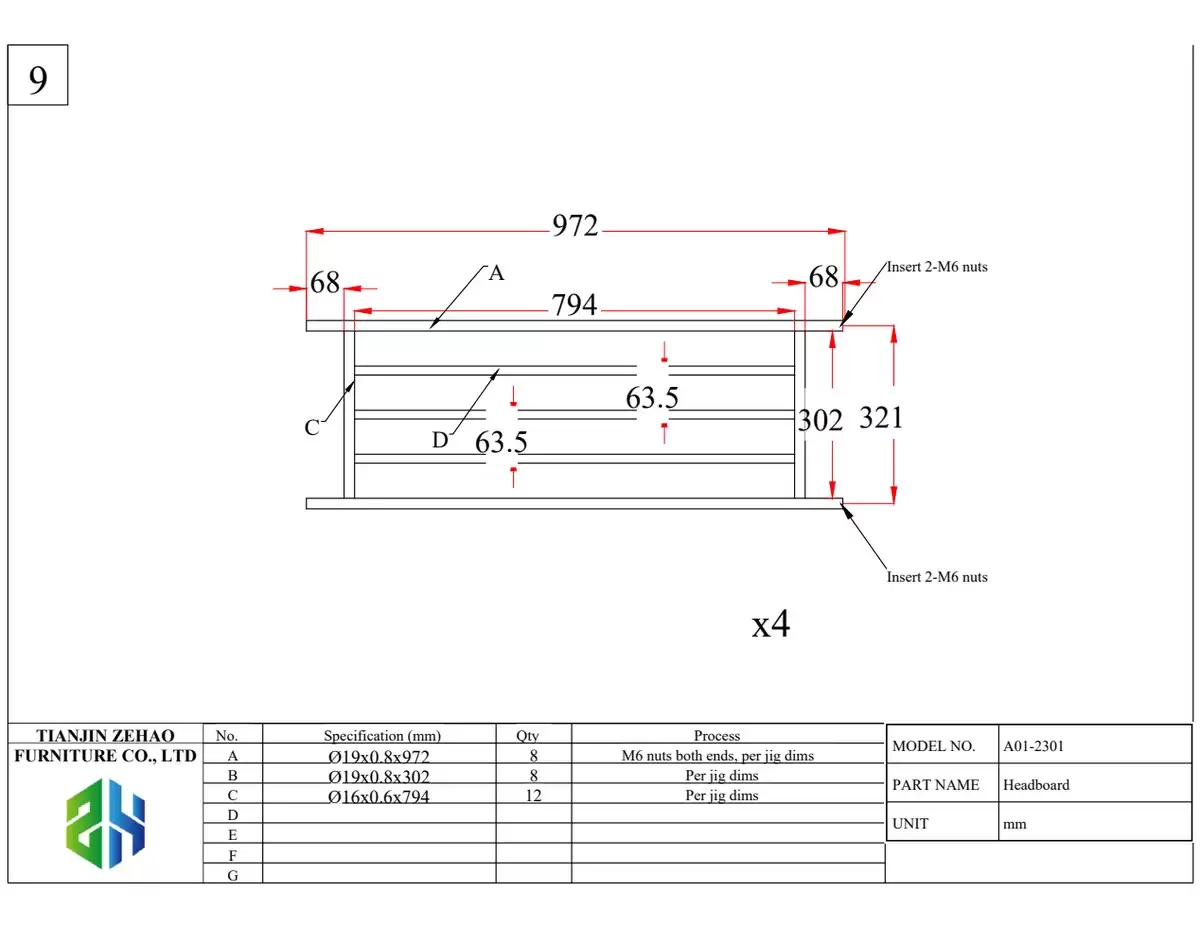Headboard component drawing, Ø19 x 0.8 mm tubes, jig-based hole positioning