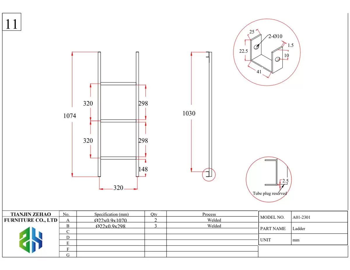 Ladder engineering drawing, Ø22 x 0.9 mm tube, 320 mm rung spacing, mounting bracket detail