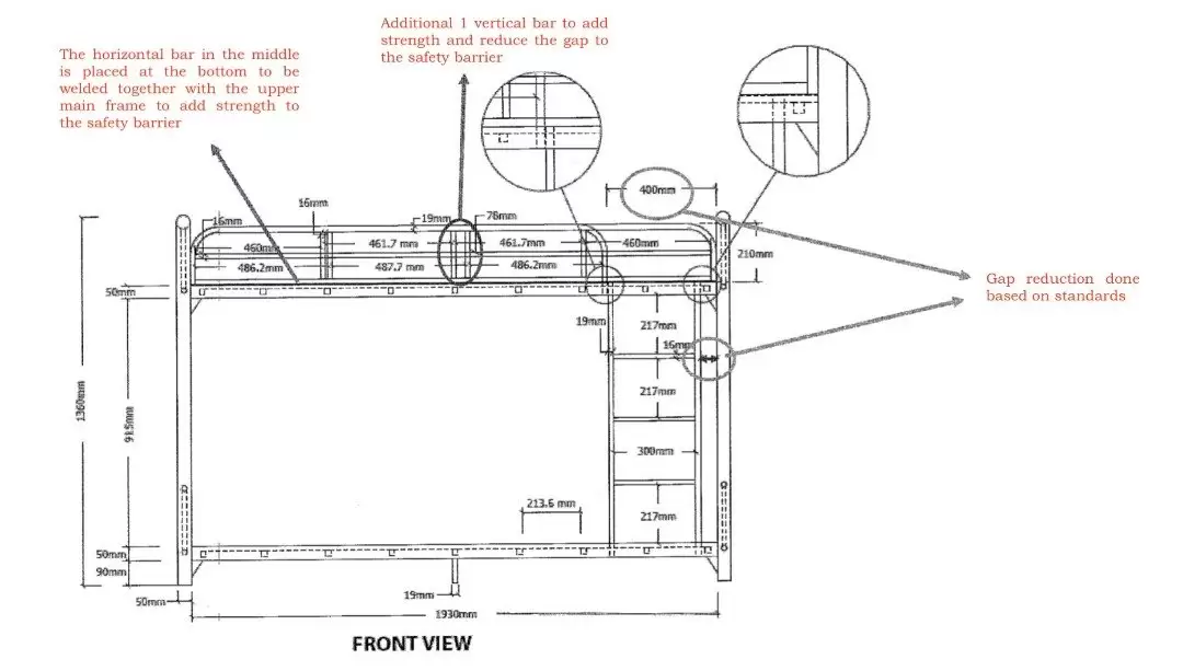 Front view engineering drawing with dimensional annotations for Malaysian prison bed
