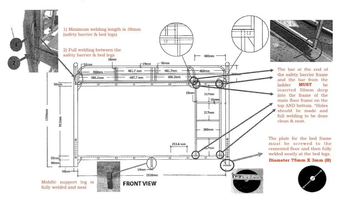 Welding detail drawing showing 38 mm minimum weld and 50 mm insert depth