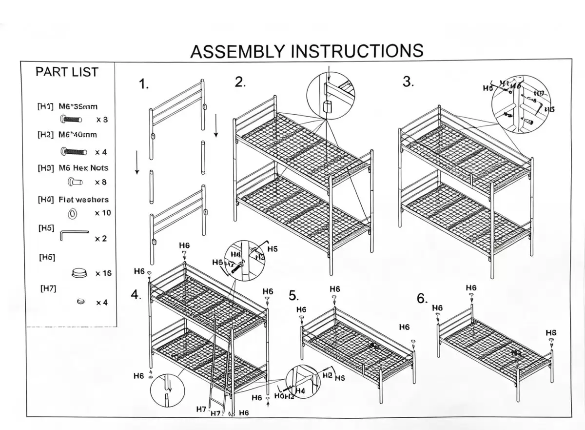 Assembly instructions for modular steel bunk beds supplied to Germany