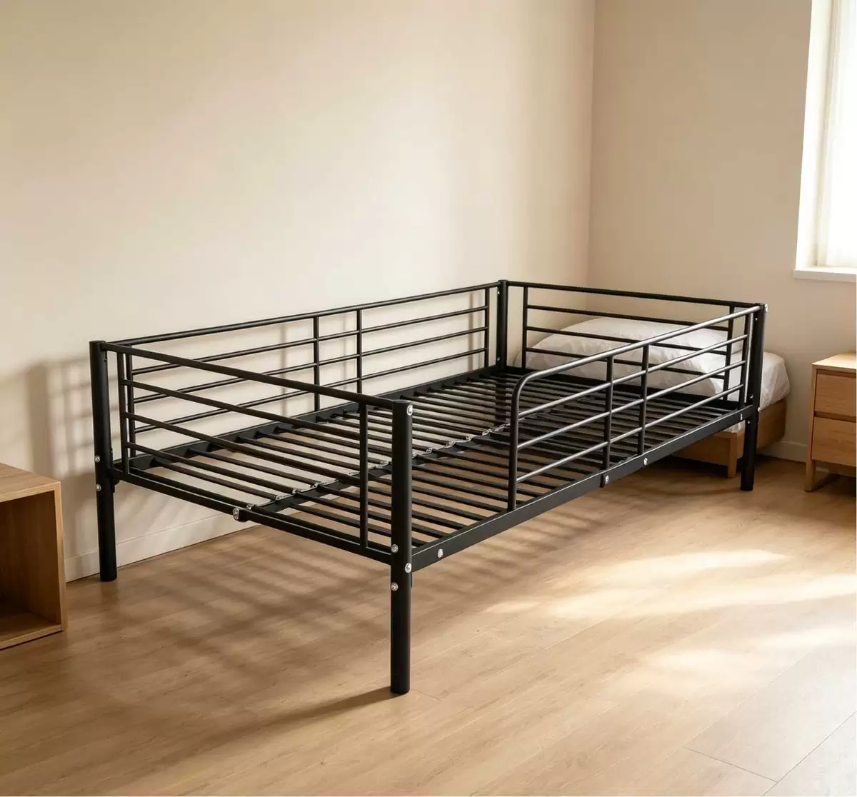 EN 747 bunk bed separated into single metal beds