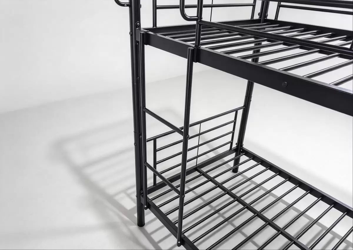 Steel bunk bed front view, powder coated black finish