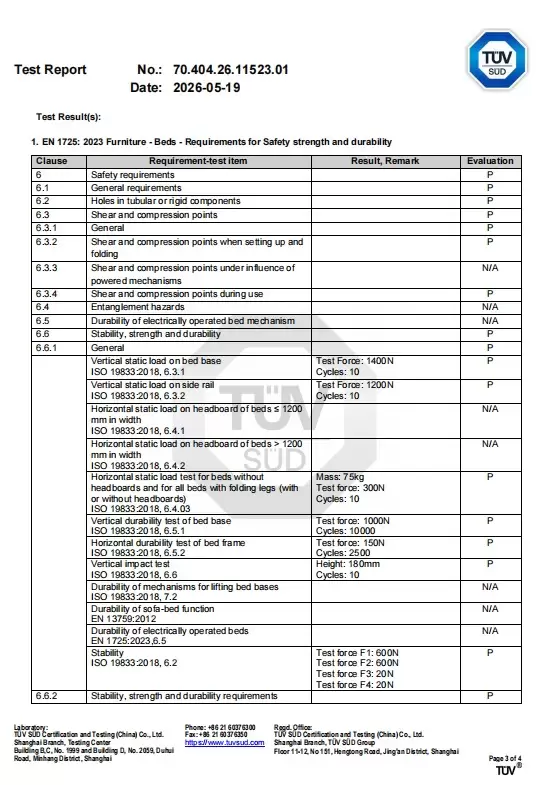 TÜV SÜD EN 1725 test report page 3 — load and durability results