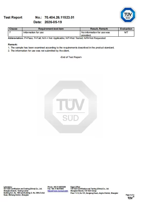 TÜV SÜD EN 1725 test report page 4 — conclusion and PASS result