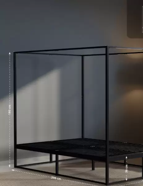 Black metal canopy bed built on the EN 1725 tested platform — powder-coated steel four-poster frame
