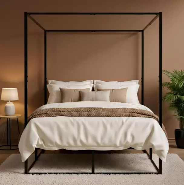 EN 1725 compliant metal canopy bed delivered to the EU market — slatted base and curtain frame