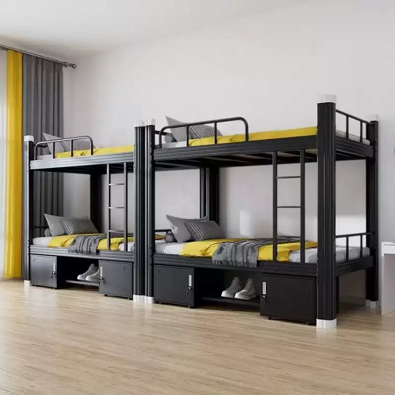 BS-03 knock-down twin over twin metal bunk bed with under-bed storage, flat-pack steel dormitory bed for container loading