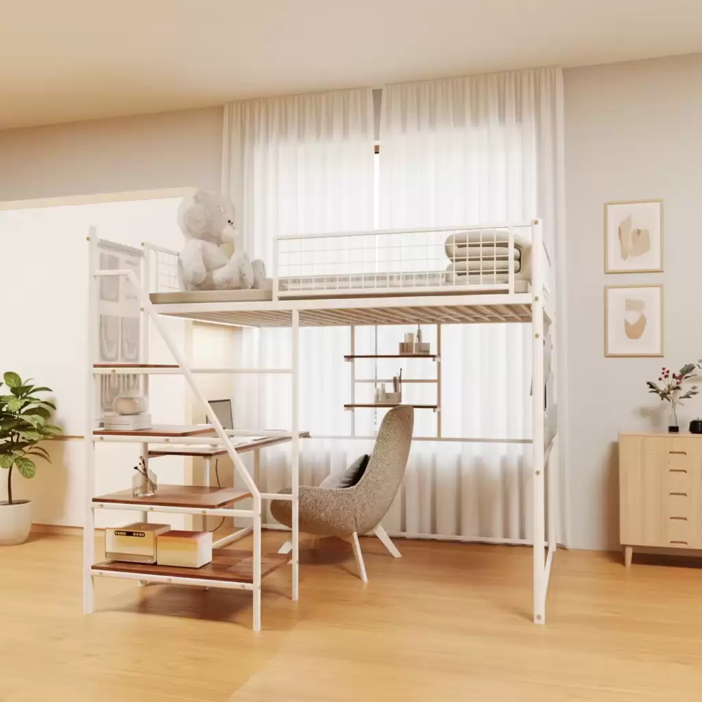 Metal Loft Bed With Multi‑Tier Storage Shelves | MBB‑30
