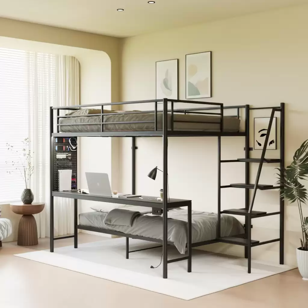 Metal Loft Bed With Desk & Storage Shelf | MBB‑31