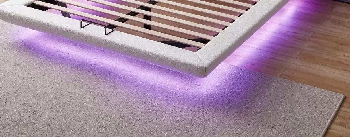 Close-up of boucle teddy fabric upholstery and under-bed RGB LED strip on MSB-615-1 queen bed