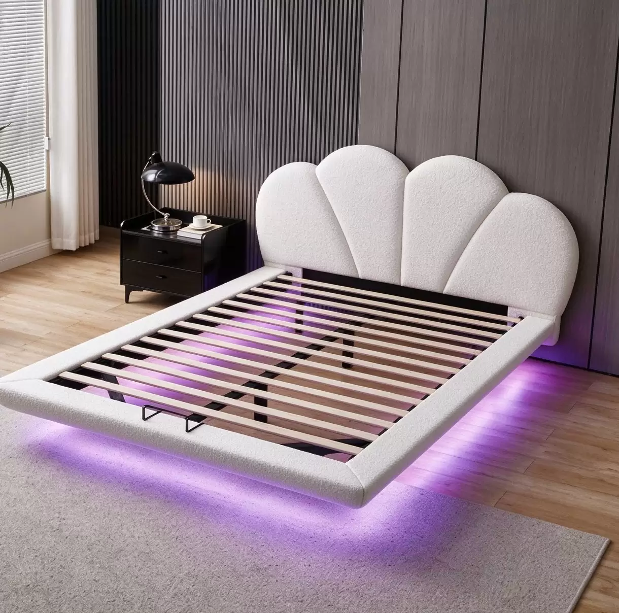 MSB-615-1 LED floating upholstered queen bed with boucle shell headboard, factory direct
