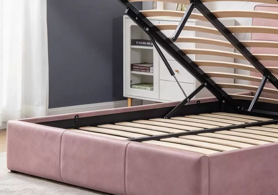 PU leather upholstery and gas-lift storage detail of MSB-615-3 queen bed frame