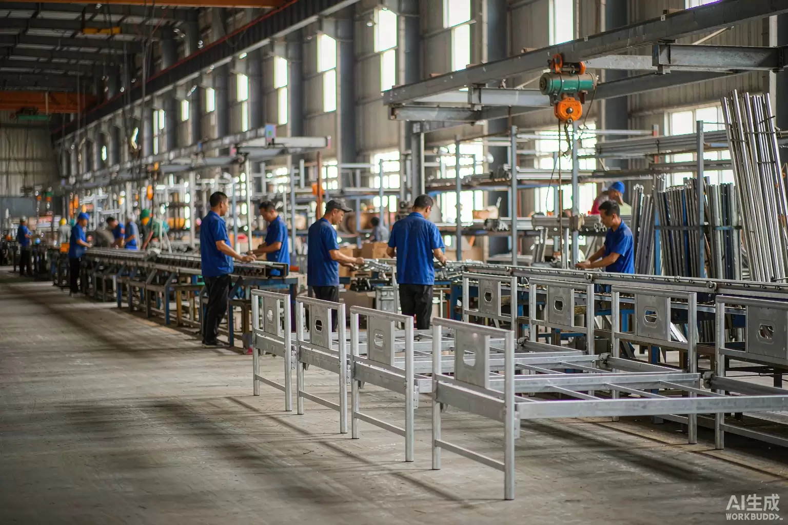 Metal bed production hall at the Zehao factory in Hebei, China