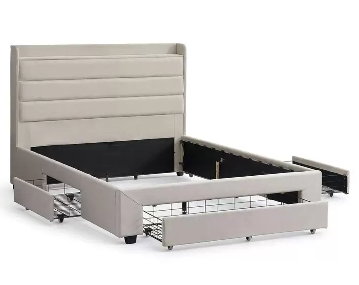HM-LB-2595 beige channel tufted upholstered bed with two under bed storage drawers