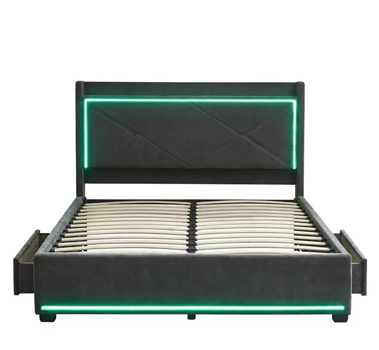 LED Headboard Upholstered Bed With 2 Storage Drawers | HM-LB-2597