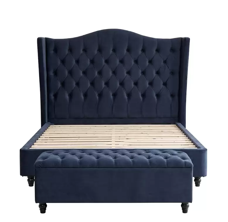 Wingback Tufted Velvet Bed With Storage Ottoman | HM-LB-2600