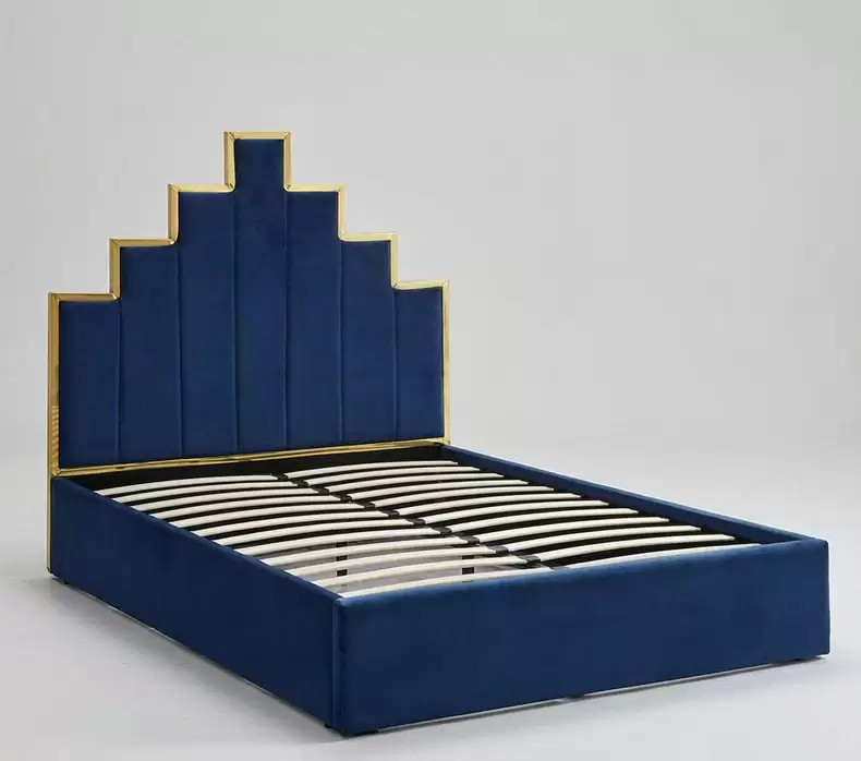 Art Deco Stepped Headboard Velvet Bed With Gold Frame | HM-LB-2602